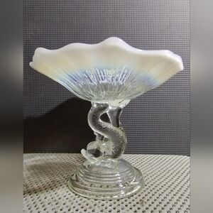 Antique Northwood Glass Opalescent Dolphin Compote, Candy Dish